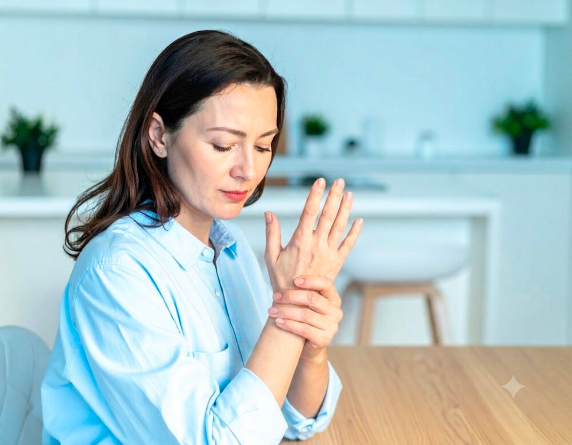Frau hält schmerzendes Handgelenk am Tisch