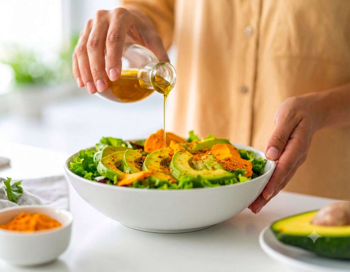Öl wird über frischen Avocadosalat gegossen