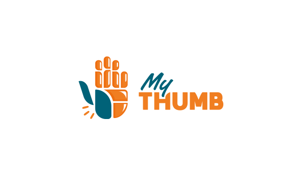 Oranges Daumen-Logo mit Schriftzug „My Thumb“